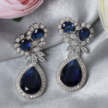 Blue Silver Plated American Diamond Tear Drop Earrings